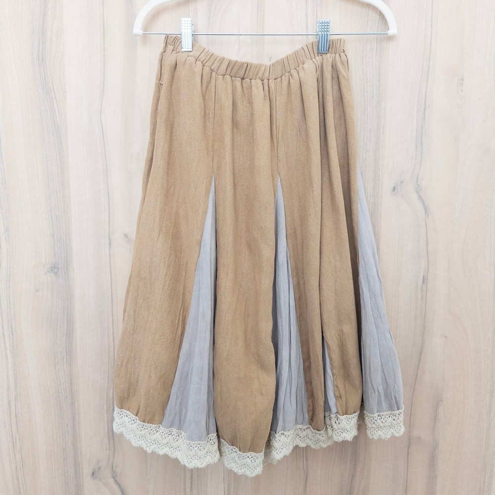 Womens Boho Midi Skirt M/L Tan Gray Lace Trim Elastic Waist Cottage Lagenlook - Picture 2 of 8